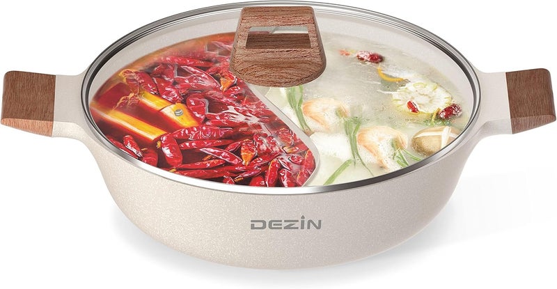 DEZIN 5-QT Double-flavor Shabu Shabu Pot with Divider, Dual Sided Nonstick Hot Pot, 12 Inch Divided Stockpot for Cooking, Hotpot for Induction Cooktop, Gas Stove & Hot Burner, Soup Ladle Included - Image 1